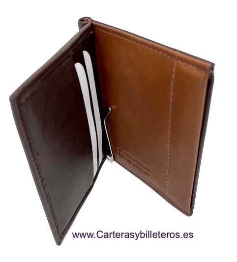 BILLETERA DE PIEL CON MONEDERO DE BOQUILLA POR PRESIÓN Y PINZA PARA BILLETES MARRÓN Y CUERO 