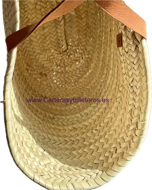 BOLSO CAPAZO DE CUERO AUTENTICO Y HOJAS DE PALMA TRENZADAS 
