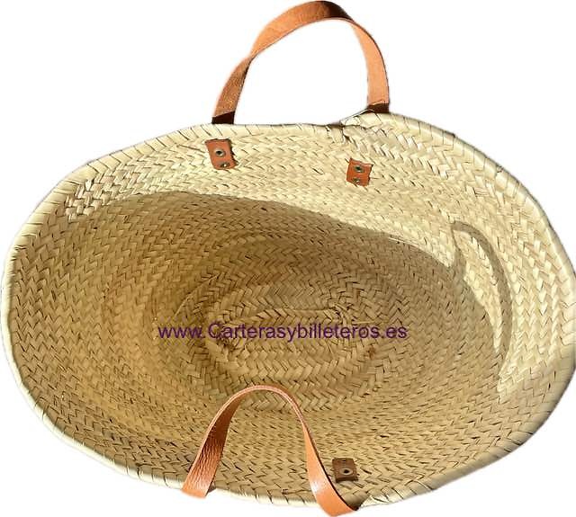 BOLSO CAPAZO DE CUERO AUTENTICO Y HOJAS DE PALMA TRENZADAS 