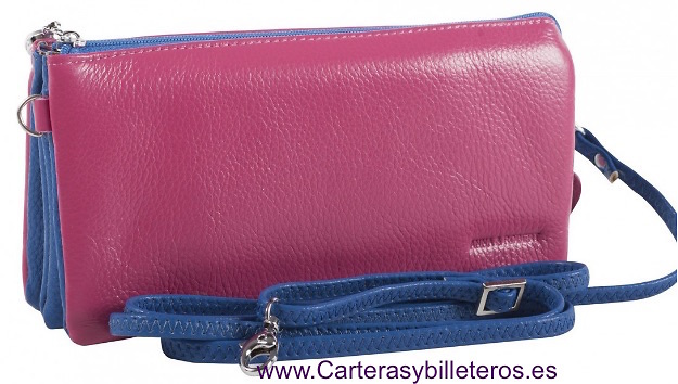 BOLSO DE CRUZAR PIEL BICOLOR SE PUEDE USAR COMO CARTERA DE MANO AZUL Y FUCSIA 