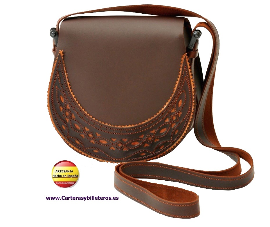 BOLSO DE CUERO ENGRASADO CON SOLAPA DE PIEL MARRÓN Y NARANJA 