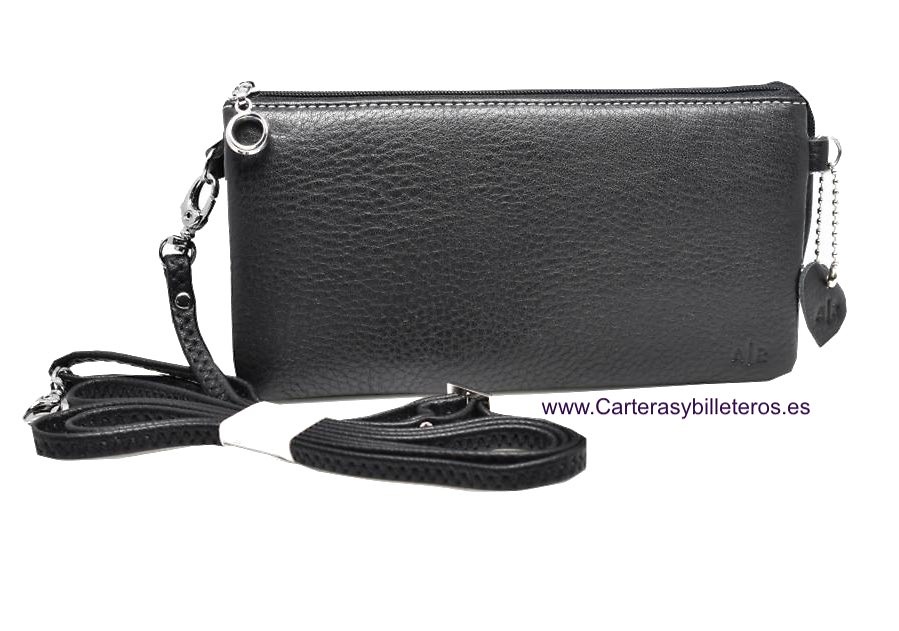 BOLSO DE PIEL QUE SE PUEDE USAR DE CARTERA DE MANO O LLEVAR CRUZADO -5 COLORES- NEGRO 