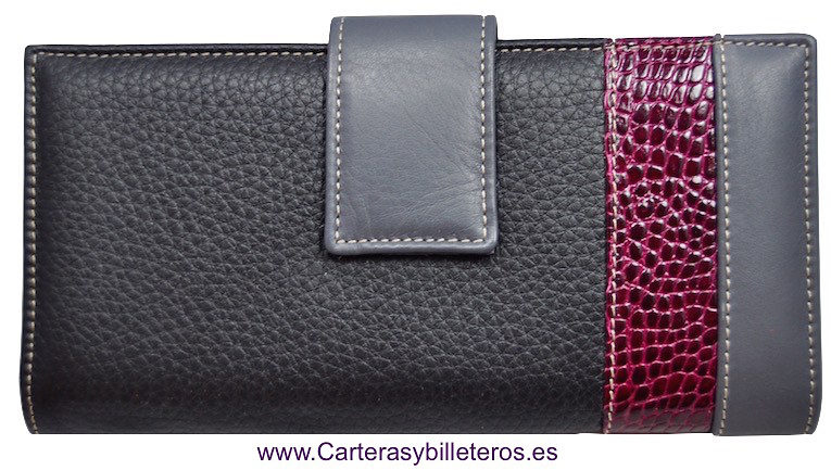 CARTERA BILLETERA DE MUJER DE PIEL VACUNO EN UBRIQUE GRANDE NEGRO Y GRIS 