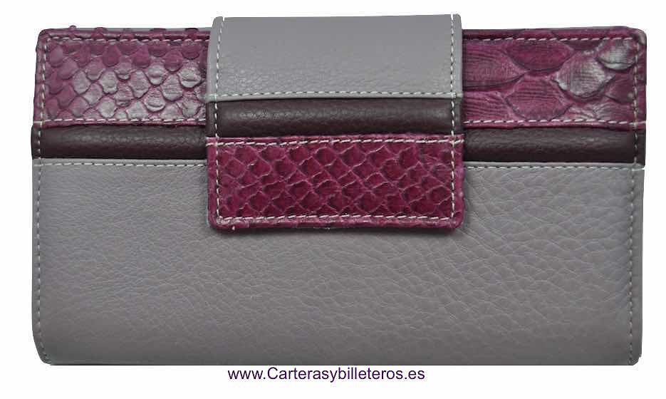 CARTERA BILLETERA DE MUJER HECHA DE PIEL LUXURY VACUNO Y SERPIENTE LILA Y MALVA 