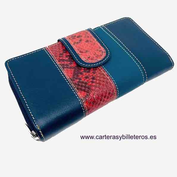 CARTERA BILLETERA GRANDE DE MUJER CON MONEDERO TRIPLE PARA MUCHAS TARJETAS EN PIEL UBRIQUE AZULES CON ROJO 