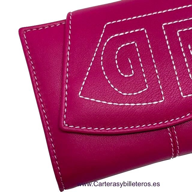 CARTERA BILLETERA GRANDE DE MUJER DE PIEL UBRIQUE CON CIERRE BORDADO ROSA CAPORTE 