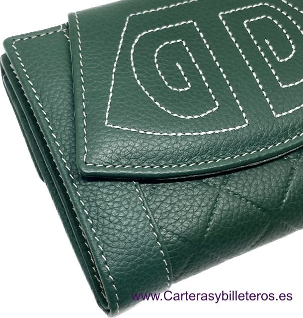 CARTERA BILLETERA GRANDE DE MUJER DE PIEL UBRIQUE CON CIERRE BORDADO VERDE INGLÉS 