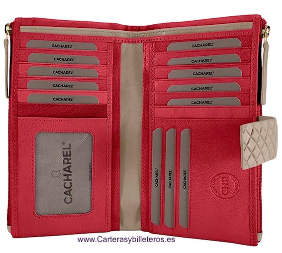 CARTERA BILLETERA GRANDE EN PIEL DE CALIDAD CON MONEDERO DOBLE DE CIERRE CREMALLERA Y 15 TARJETAS 
