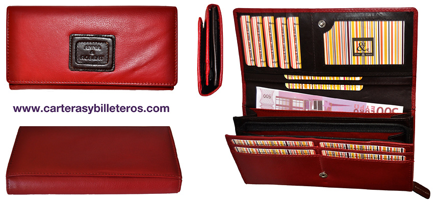 CARTERA BILLETERA MUJER DE PIEL DE DISEÑO GRANDE ROJO Y MARRON OSCURO 