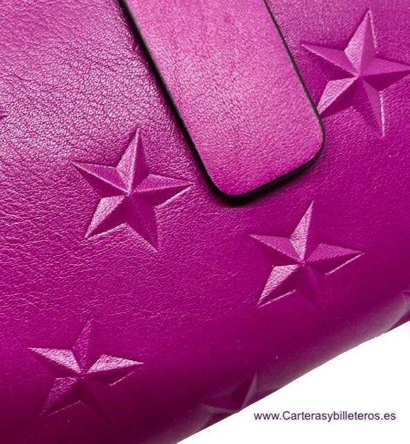 CARTERA BILLETERA MUJER GRANDE DE PIEL UBRIQUE EXTRA SUAVE LILA CON ESTRELLAS A RELIEVE 