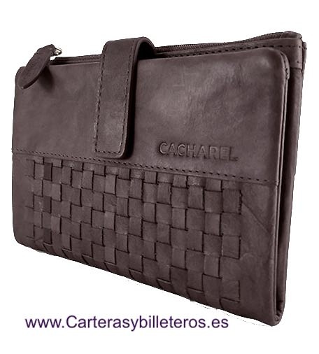 CARTERA CACHAREL DE MUJER GRANDE DE PIEL CON ADORNO ARTESANAL MARRÓN 