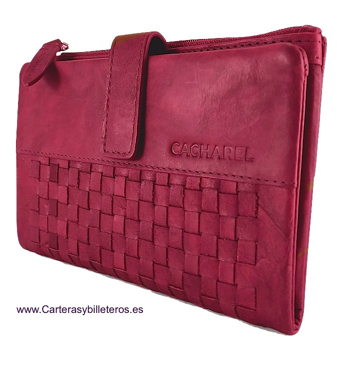 CARTERA CACHAREL DE MUJER GRANDE DE PIEL CON ADORNO ARTESANAL ROJO 