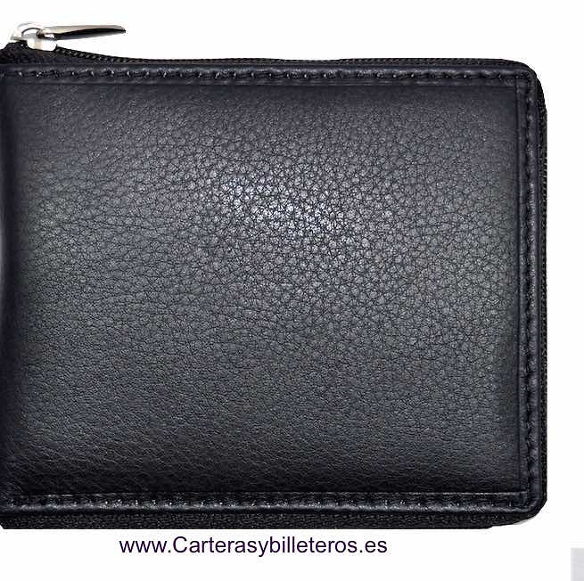 CARTERA CON CIERRE TOTAL CREMALLERA DE PIEL DE TERNERA HECHO EN UBRIQUE NEGRO 