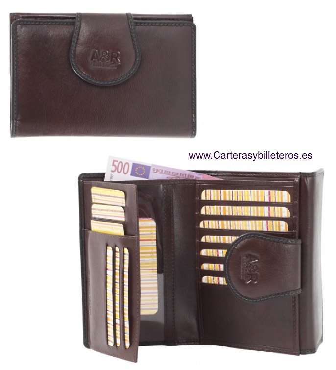 CARTERA DE MUJER DE PIEL CON DOBLE MONEDERO Y TARJETERO MARRON 