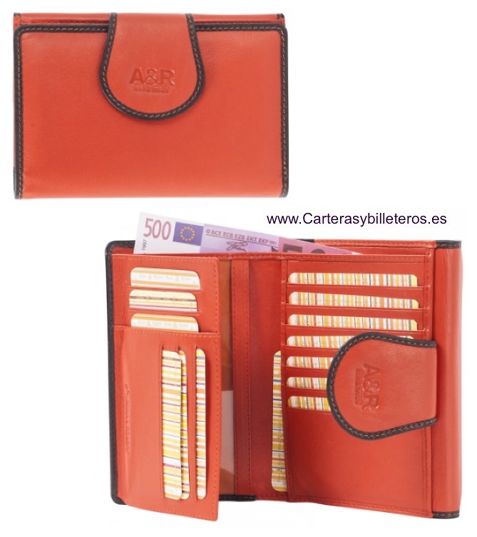 CARTERA DE MUJER DE PIEL CON DOBLE MONEDERO Y TARJETERO NARANJA 