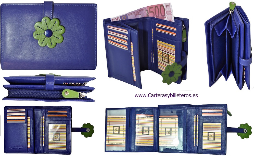 CARTERA DE MUJER DE PIEL CON MONEDERO BILLETERO Y 10 TARJETAS AZUL Y VERDE 