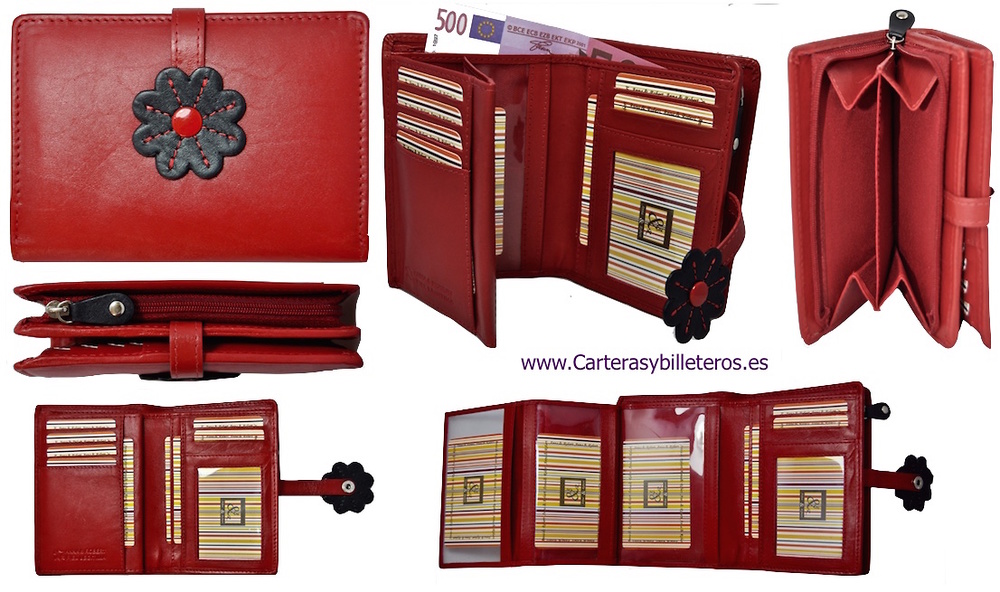 CARTERA DE MUJER DE PIEL CON MONEDERO BILLETERO Y 10 TARJETAS ROJO Y NEGRO 