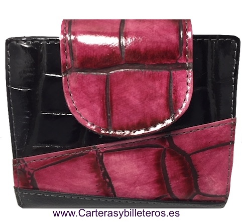 CARTERA DE MUJER PEQUEÑA DE PIEL COCO DE GRAN CALIDAD NEGRO Y VIOLETA 