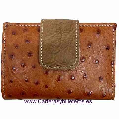 CARTERA DE MUJER PEQUEÑA DE PIEL DE AVESTRUZ CUERO Y CAMEL 