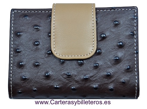 CARTERA DE MUJER PEQUEÑA DE PIEL DE AVESTRUZ MARRON Y CAMEL 