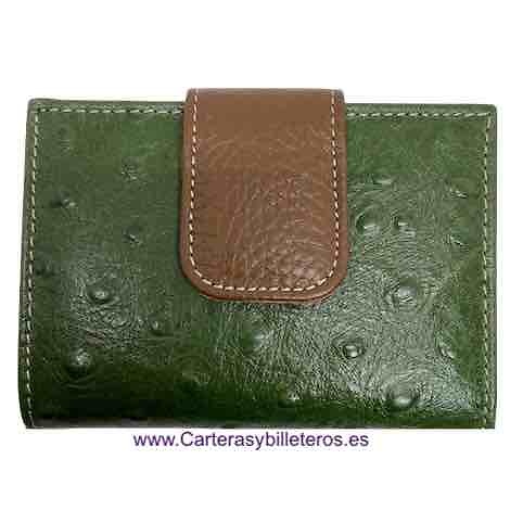 CARTERA DE MUJER PEQUEÑA DE PIEL DE AVESTRUZ VERDE Y CAMEL 