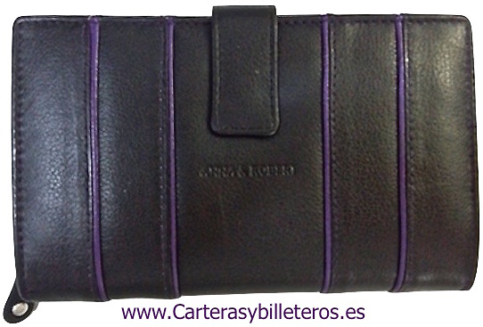 CARTERA DE PIEL VACUNO DE CALIDAD PARA MUJER CON MONEDERO MEDIANA NEGRO 