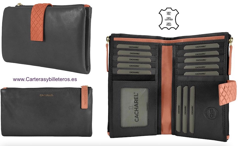 CARTERA GRANDE CACHAREL DE PIEL DE CALIDAD CON MONEDERO DOBLE DE CIERRE CREMALLERA Y 15 TARJETAS 