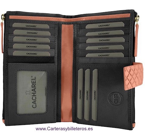 CARTERA GRANDE CACHAREL DE PIEL DE CALIDAD CON MONEDERO DOBLE DE CIERRE CREMALLERA Y 15 TARJETAS 
