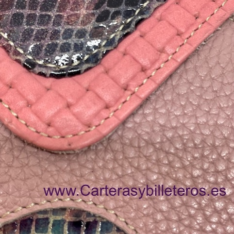 CARTERA GRANDE DE MUJER DE PIEL DE SERPIENTE Y VACUNO MALVA MALVA 