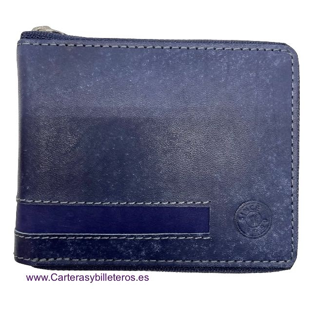 CARTERA HOMBRE PIEL CERRADA POR CREMALLERA AZUL 