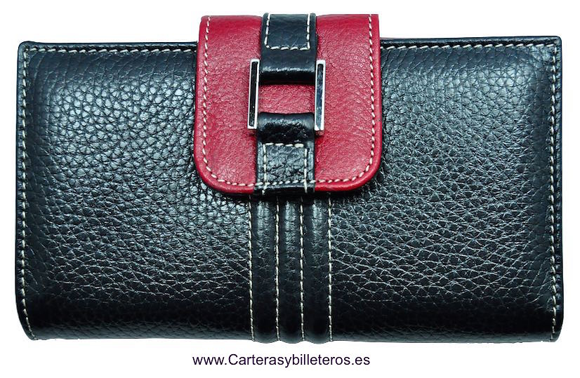 CARTERA MONEDERO DE MUJER HECHA DE PIEL TERNERA TAMAÑO GRANDE NEGRO Y ROJO 