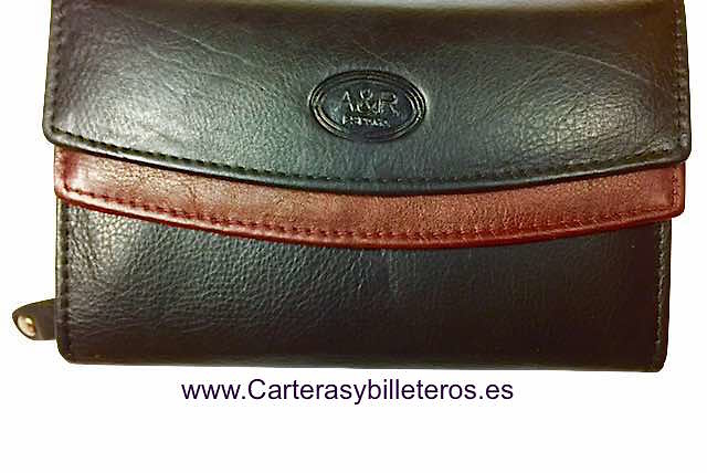 CARTERA MONEDERO DE PIEL PARA MUJER CON DOBLE SOLAPA NEGRO - CALDERA 