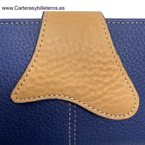 CARTERA MONEDERO GRANDE DE MUJER DE PIEL UBRIQUE AZUL MARINO Y CUERO 