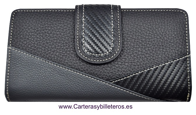 CARTERA MONEDERO PARA MUJER DE CUERO Y FIBRA CARBONO GRANDE NEGRO Y GRIS 