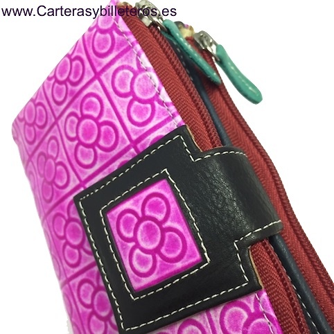 CARTERA MUJER DE PIEL CON 2 MONEDEROS -3 COLORES- ROSA 