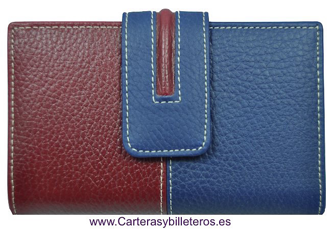 CARTERA MUJER DE PIEL DE TERNERA HECHA EN UBRIQUE AZUL Y CEREZA 