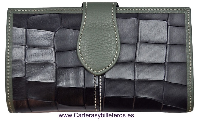 CARTERA MUJER NEGRA DE PIEL COCO HECHO EN UBRIQUE MEDIANA -2 COLORES- NEGRO CON VERDE 