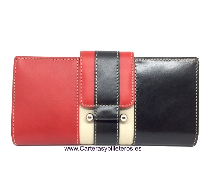 CARTERA MUJER PIEL DE UBRIQUE GRANDE CON BILLETERO Y TARJETERO MUY COMPLETO NEGRO Y ROJO 