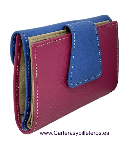 CARTERA MUJER PIEL UBRIQUE AZUL Y FUCSIA CON MONEDERO TARJETERO ROJO Y AZUL MARINO 