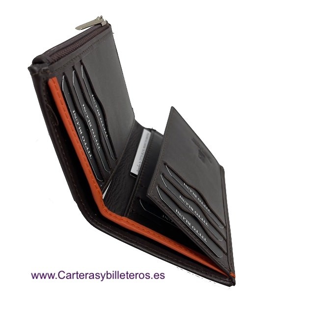 CARTERA TARJETERO TITTO BLUNI DE PIEL CON MONEDERO EXTERIOR MUY DELGADA MARRON Y NARANJA 