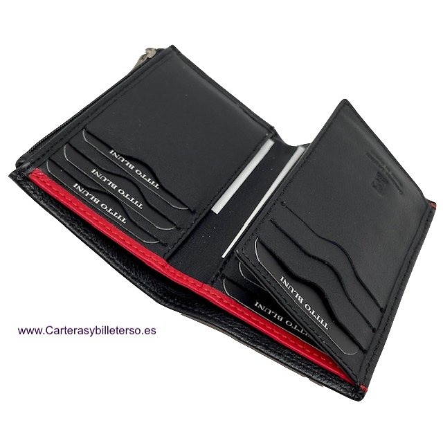 CARTERA TARJETERO TITTO BLUNI DE PIEL CON MONEDERO EXTERIOR MUY DELGADA NEGRO Y ROJO 