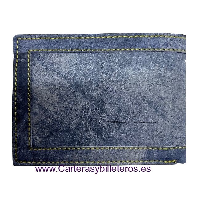 CARTERA VAQUERA DE PIEL PARA CON BILLETERA Y MONEDERO AZUL 