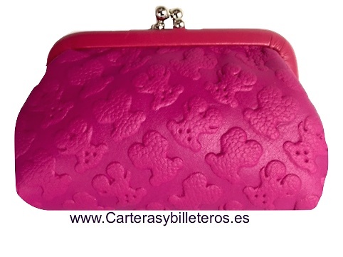 MONEDERO BOQUILLA DE PIEL CON GRABADOS DE OSOS - 4 COLORES - FUCSIA 