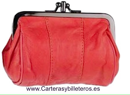 MONEDERO BOQUILLA DOBLE DE PIEL MEDIANO CORAL 