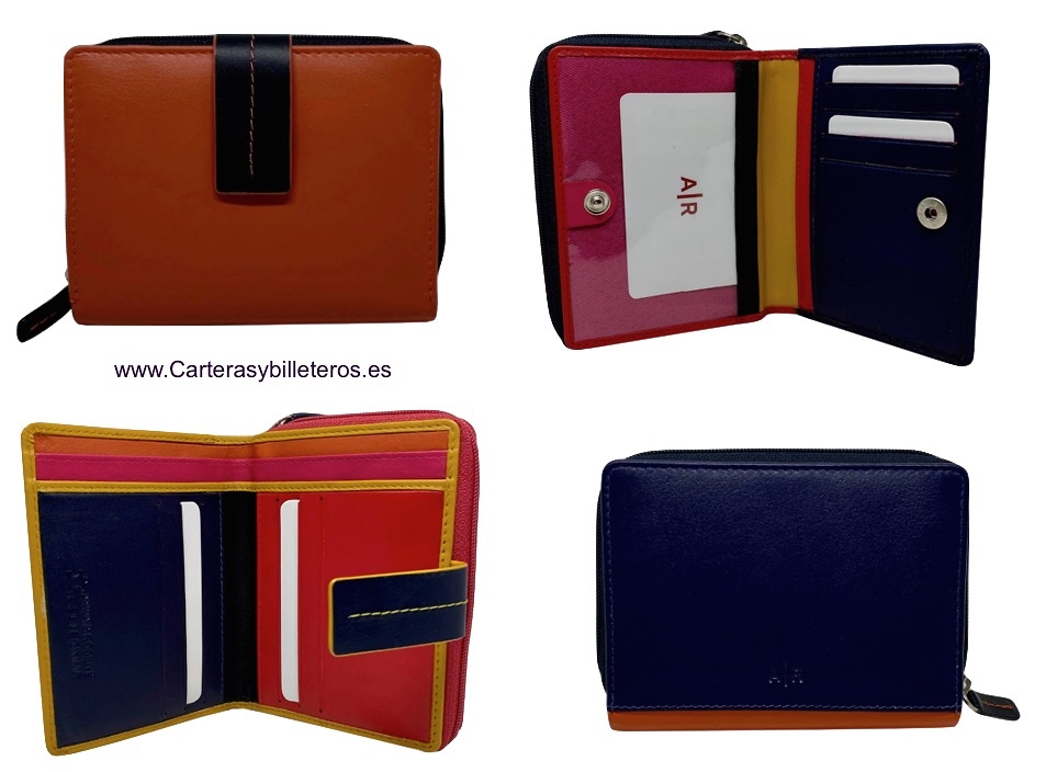 MONEDERO CARTERA DE MUJER CON BILLETERO DE PIEL MEDIANO - Nuevos colores colección 2019-2020 - NARANJA NEGRO Y AZUL MARINO POSTERIOR 