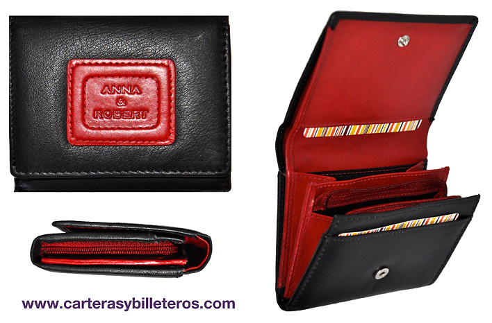 MONEDERO CARTERA MUJER DE PIEL DE DISEÑO NEGRO Y ROJO 