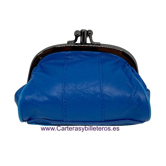 MONEDERO MUJER DE PIEL CON BOQUILLA DOBLE Y BOLSILLO MEDIANO -25 COLORES- AZUL 