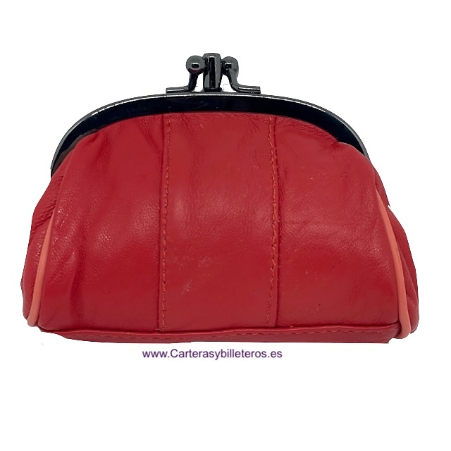 MONEDERO MUJER DE PIEL CON BOQUILLA DOBLE Y BOLSILLO MEDIANO -25 COLORES- CORAL 