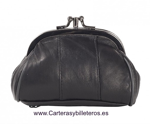 MONEDERO MUJER DE PIEL CON BOQUILLA DOBLE Y BOLSILLO MEDIANO -25 COLORES- NEGRO 