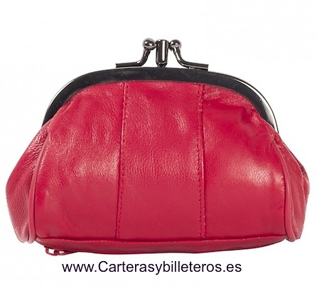 MONEDERO MUJER DE PIEL CON BOQUILLA DOBLE Y BOLSILLO MEDIANO -25 COLORES- ROJO 